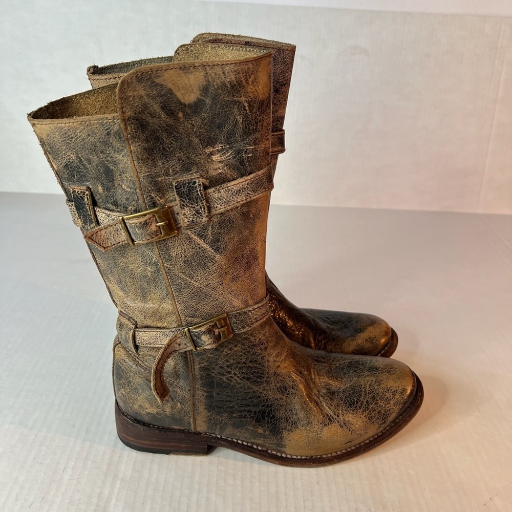 Bed Stu Distressed Metallic Brown Mid-Calf Combat Boots - Picture 5 of 13